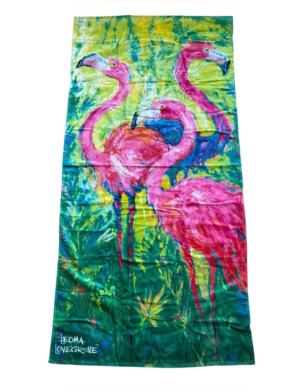 TWO! Leoma Lovegrove Flamingo Beach Towels Tropical Pink Flamingo Art 70x34
